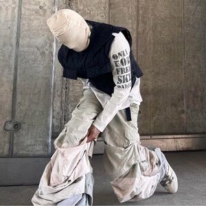 Men's Beige Streetwear Upcycled Cargo Pants by Brandanjosh